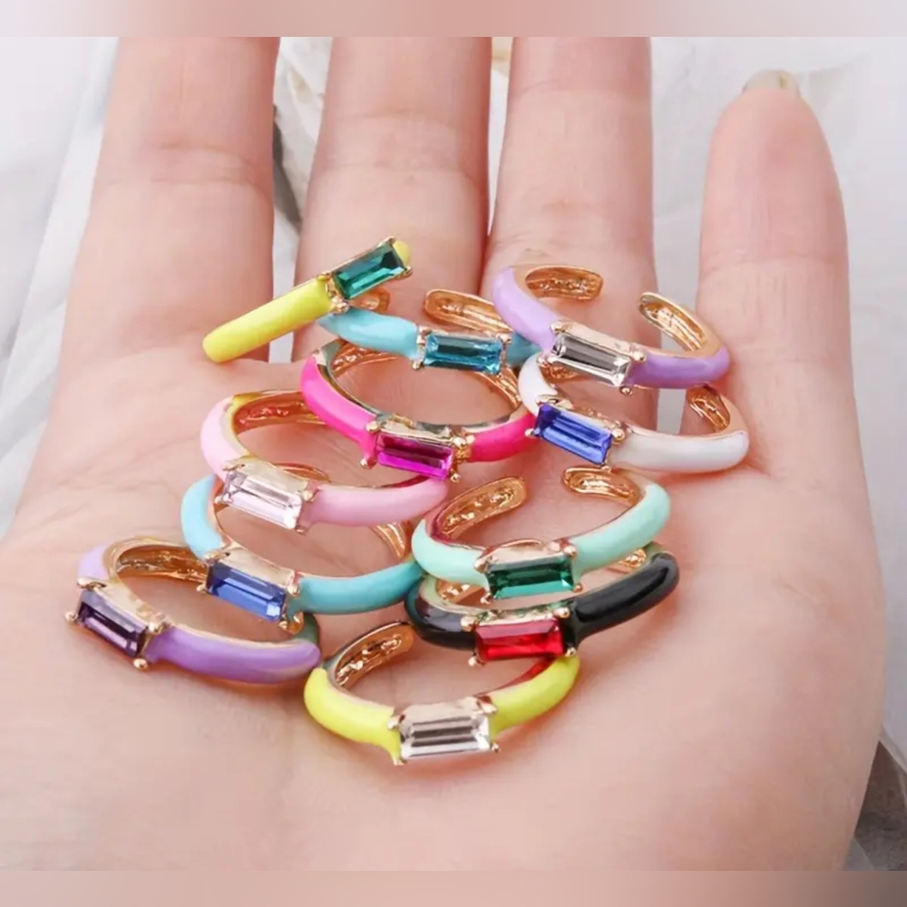 Dainty enameled rings w/baguette crystals, $7 each or bundle